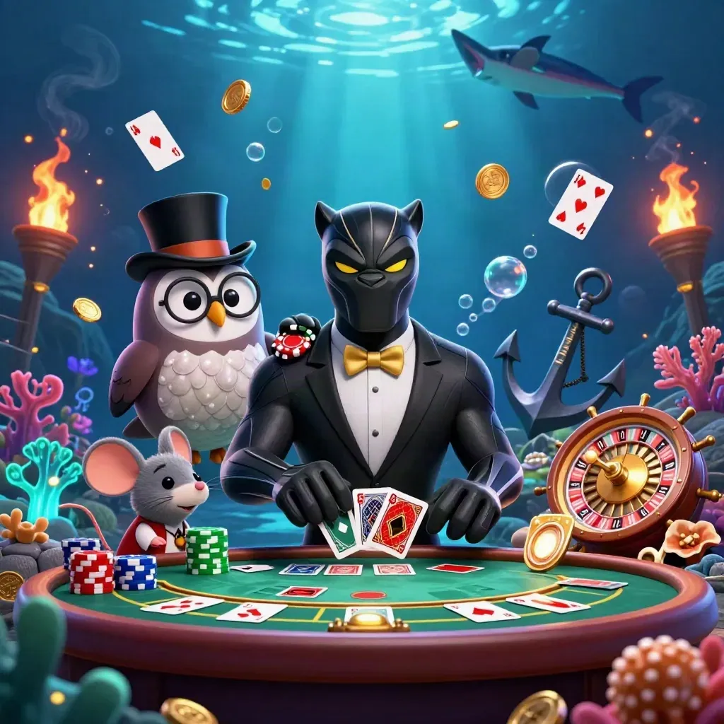 Black panther, owl and mouse in a glowing underwater casino with treasure, cards and gold.