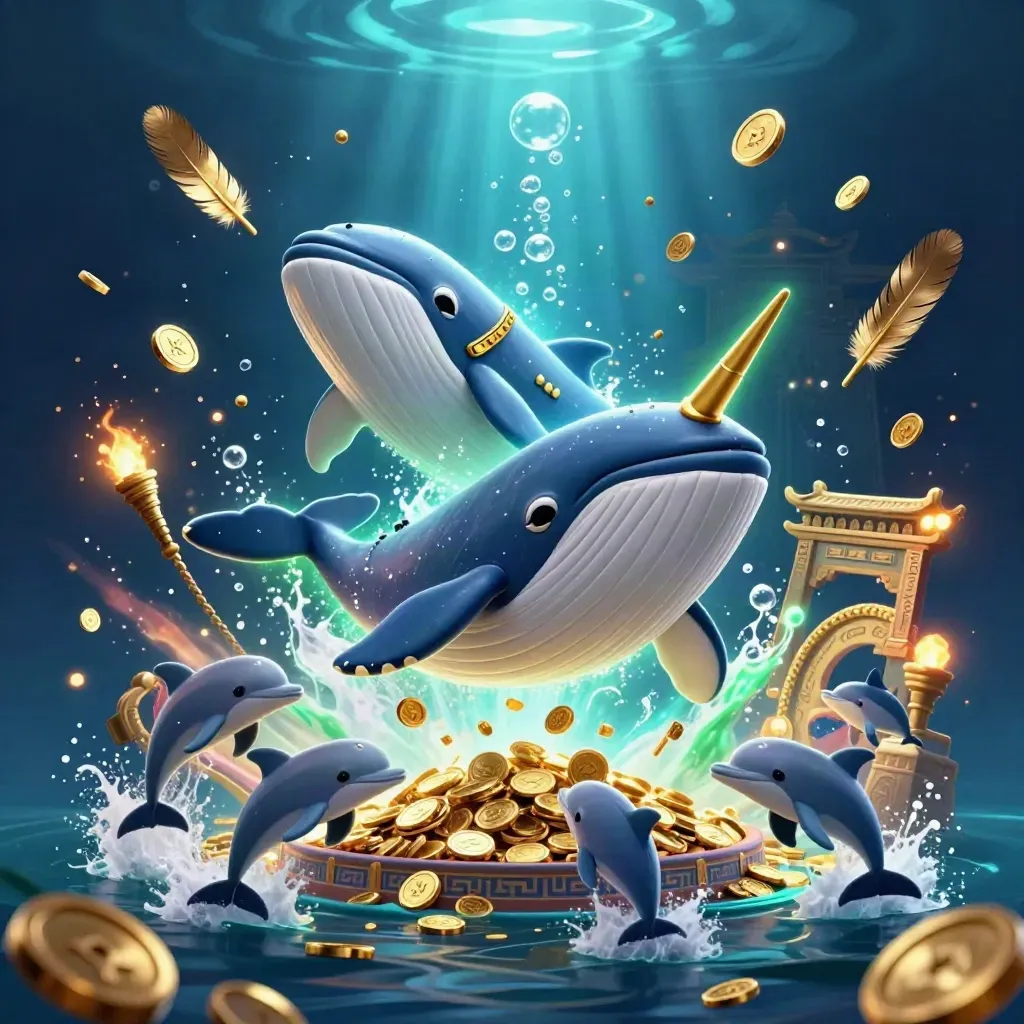Whale captain, narwhal, and dolphins burst through coins in a glowing underwater casino scene.