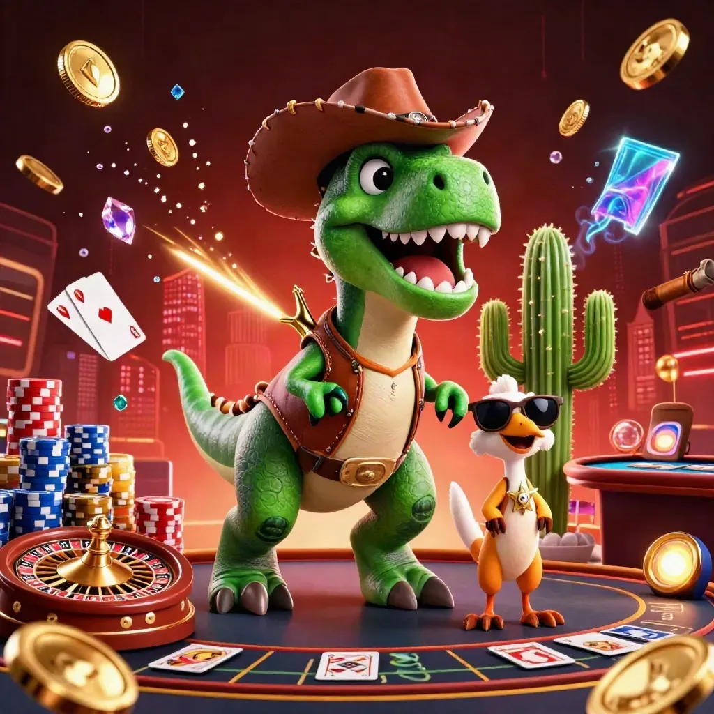 Cowboy T-Rex, cactus sidekick and sheriff roadrunner amid casino lights, coins and glowing roulette