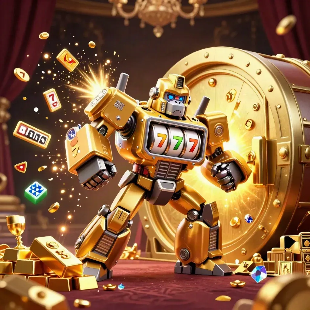 Golden gorilla mech blasts open a vault with gems, bars, and a tiny monkey pilot.