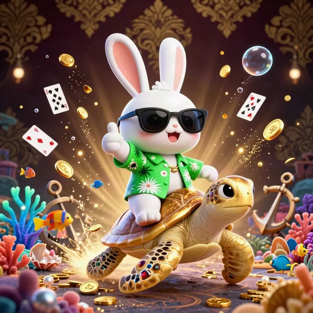 Lucky rabbit rides a golden sea turtle through a treasure cove with coins, coral and glowing fish.