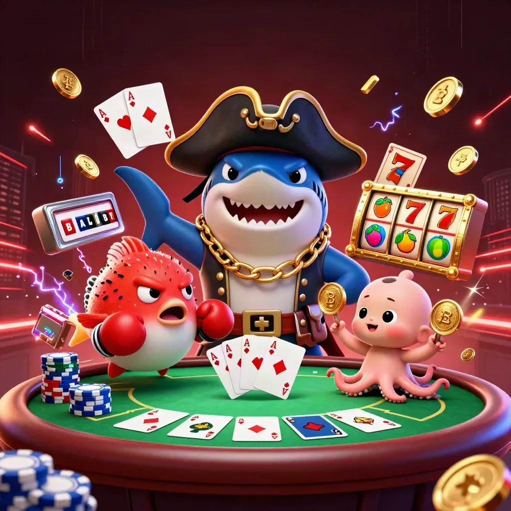 Pirate shark, boxing pufferfish, and juggling octopus amid poker chips and glowing casino energy.