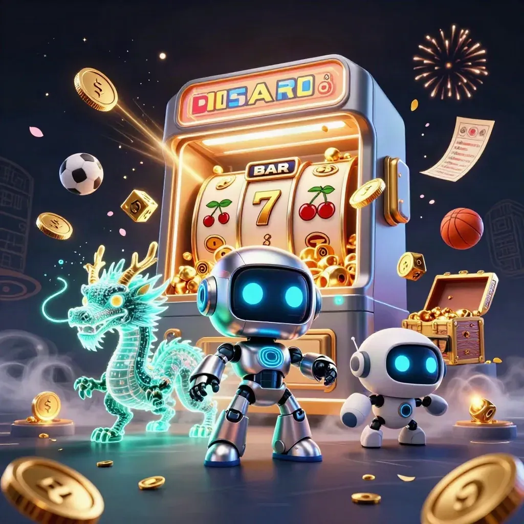 Cyberpunk robot, holographic dragon and coin drone amid vault gold, slot bursts and fireworks.
