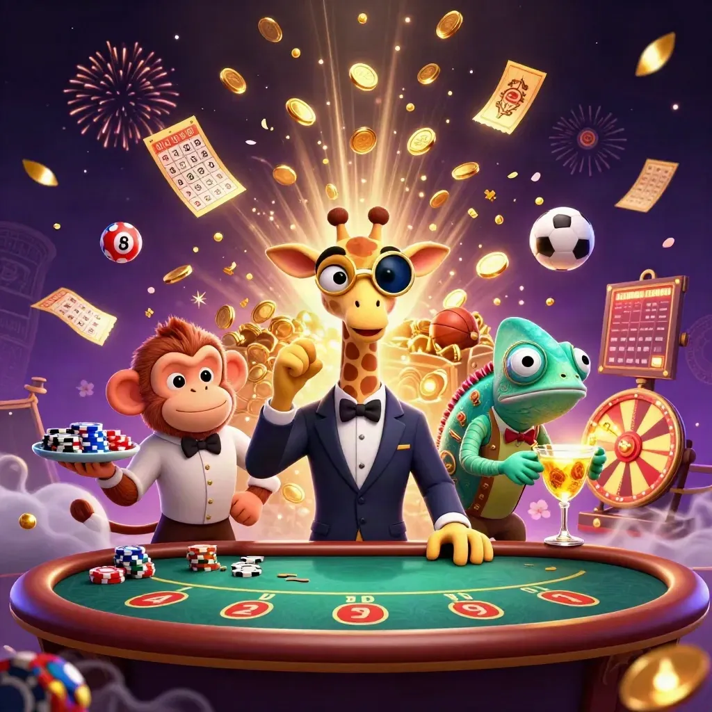 High-roller giraffe, monkey valet, and chameleon bartender amid coins, fireworks, and casino props.