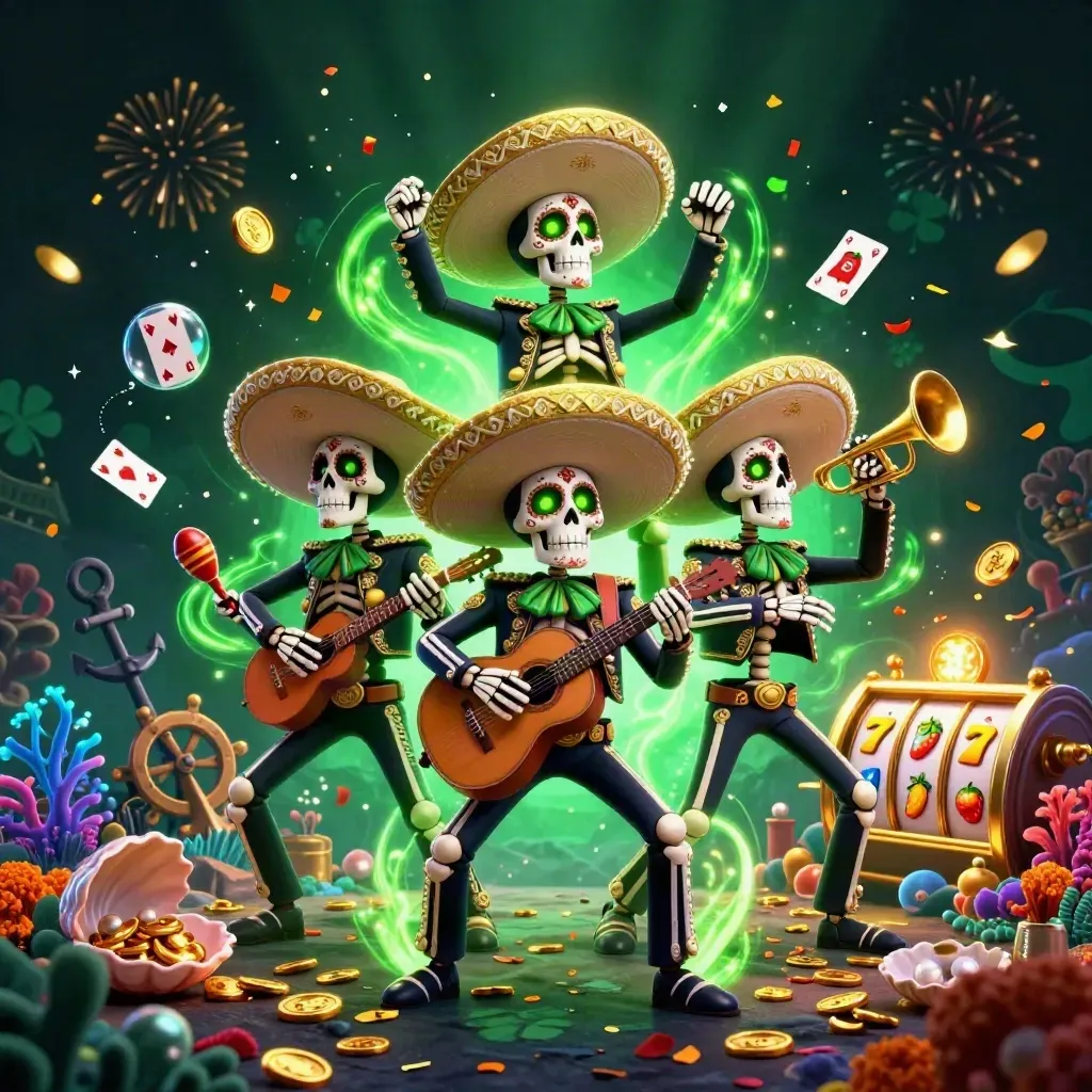 Skeleton mariachi trio amid treasure cove casino effects, glowing green and gold premium key art