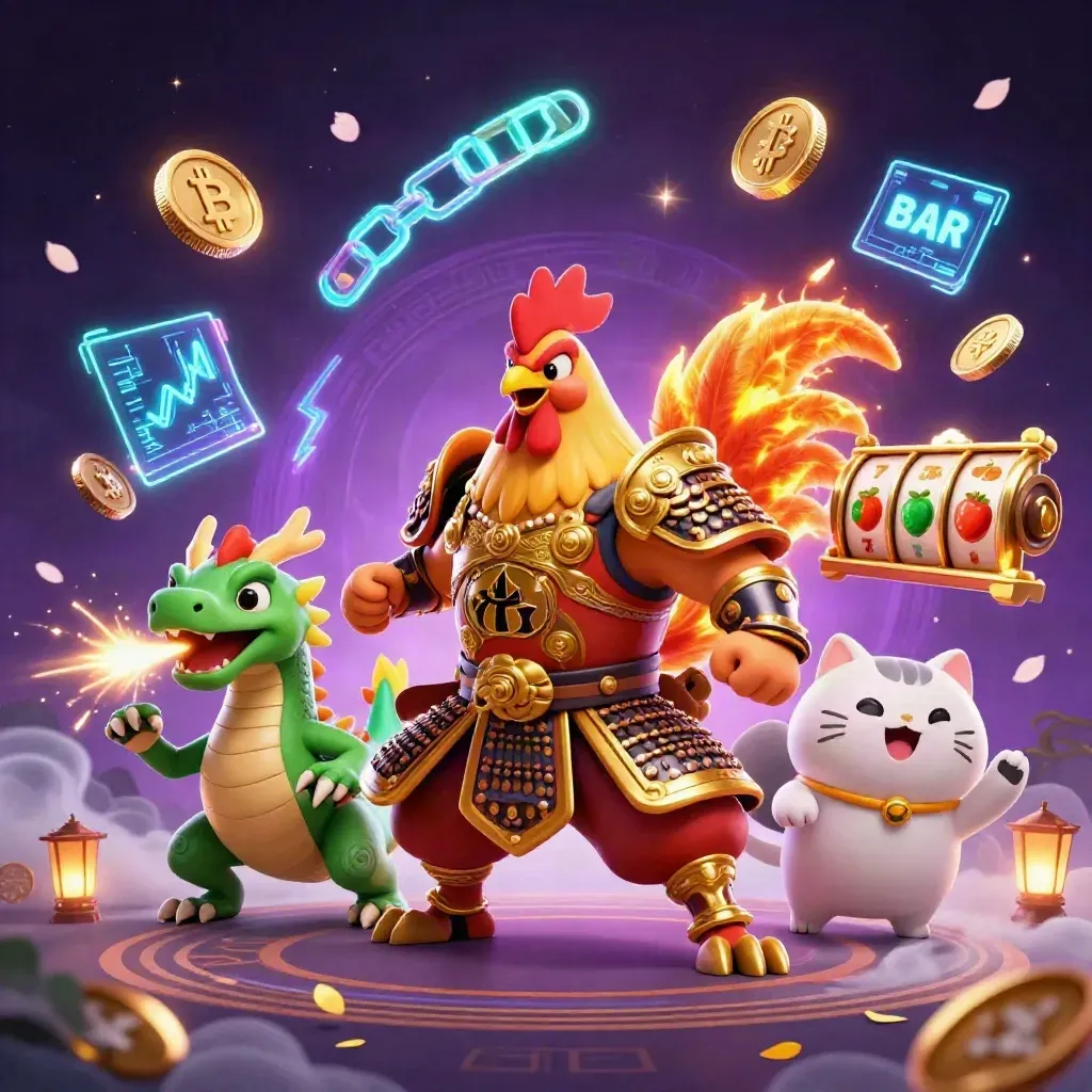 Samurai rooster, spark-breathing dragon hatchling and cheering fortune cat amid neon casino effects.