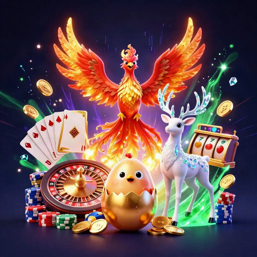 Phoenix, baby phoenix, and crystalline stag amid casino coins, cards, chips, and glowing slot symbols.