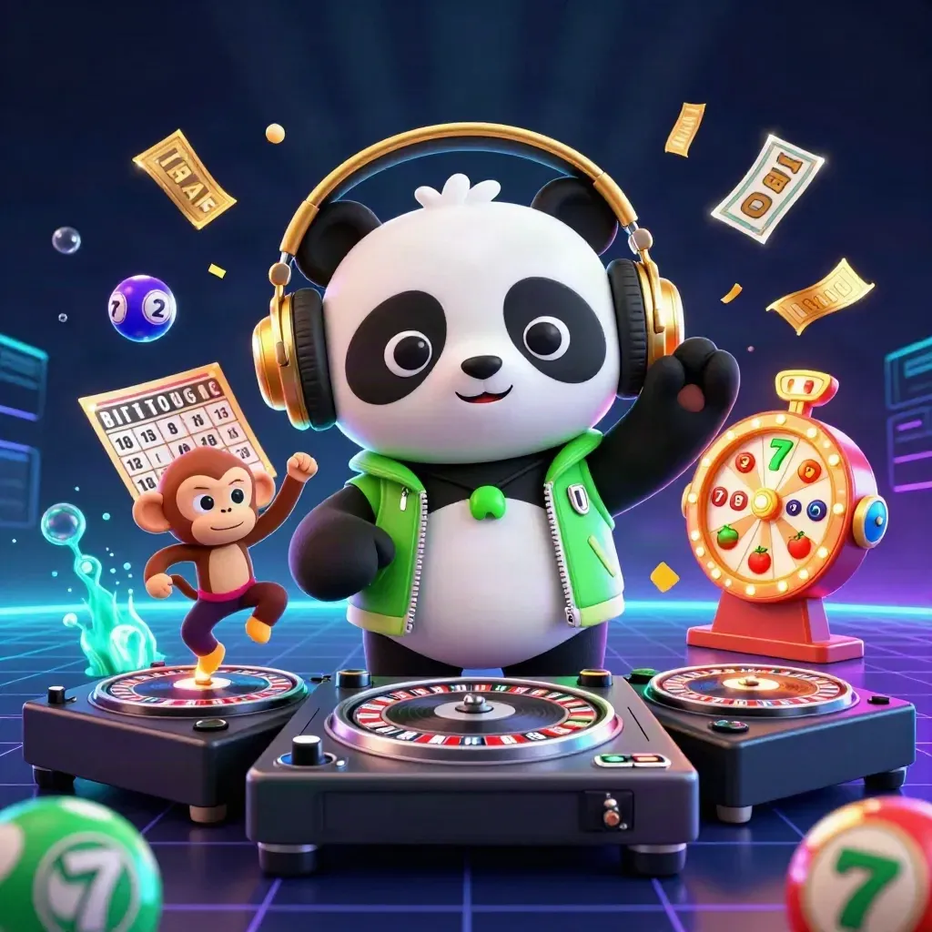 Neon casino panda DJ with monkey and kitten amid roulette wheels, balls, tickets, and lights