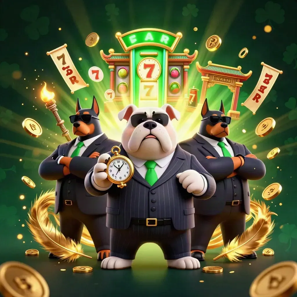 Bulldog mafia boss with two Doberman guards amid casino relics, coins, reels, and golden glow