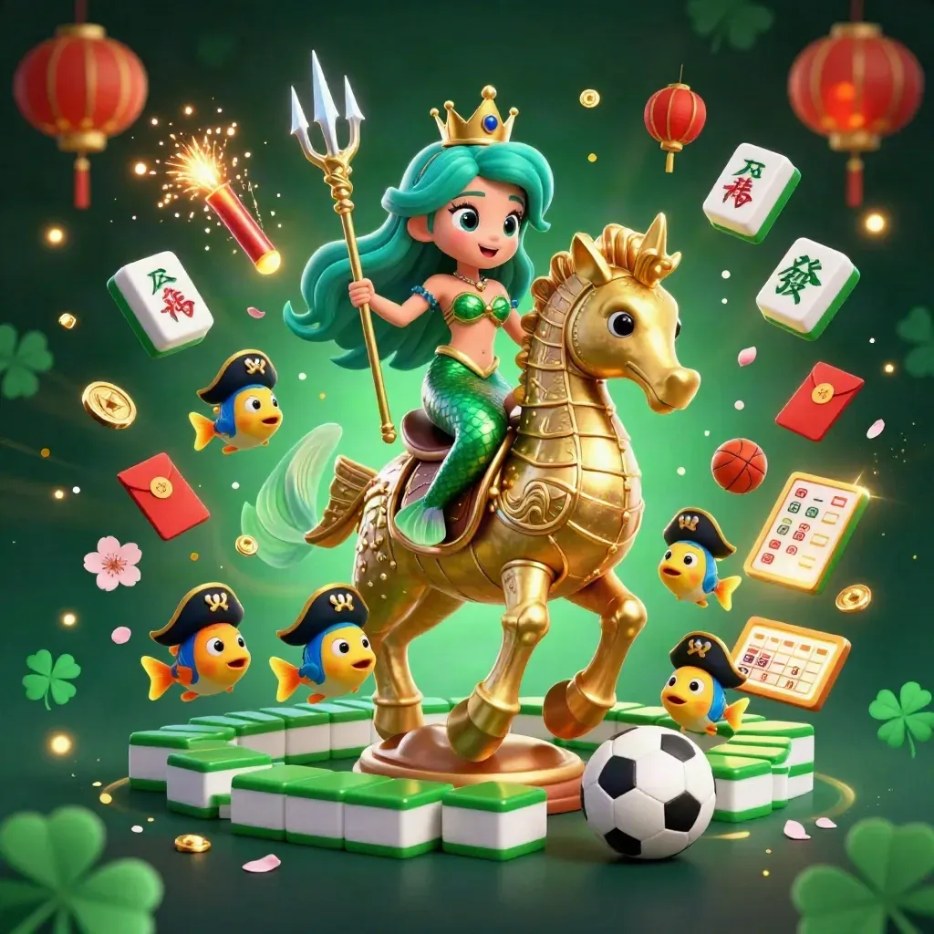Mermaid princess on a golden seahorse amid casino charms, pirate fish, neon sparks and sports props