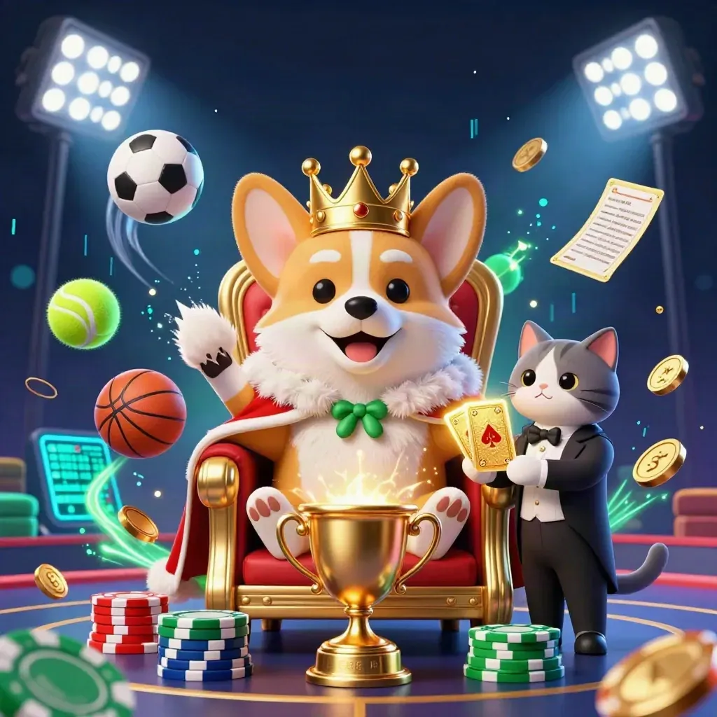 Royal corgi and cat butler amid gold coins, neon sports balls, and a glowing scoreboard