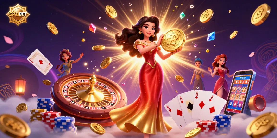 Experience SP8BET with thrilling casino games illustrated by a stunning Asian woman symbolizing luck and fortune.