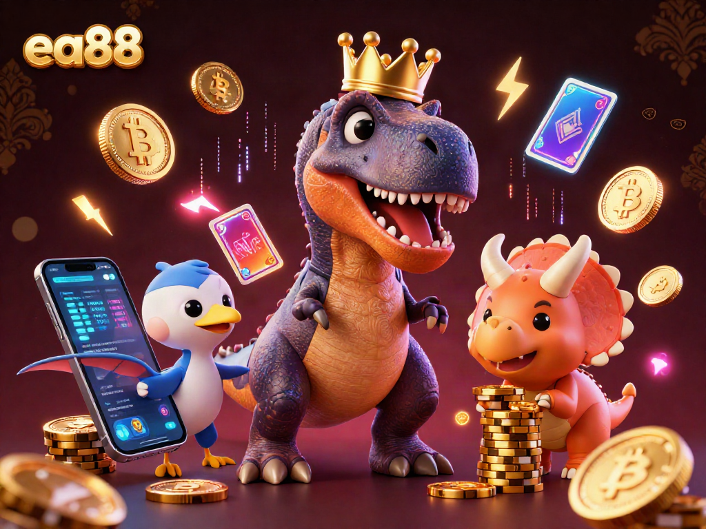 ea88 engages in exciting card games as T-Rex shuffles cards, supported by friends in vibrant casino scene.