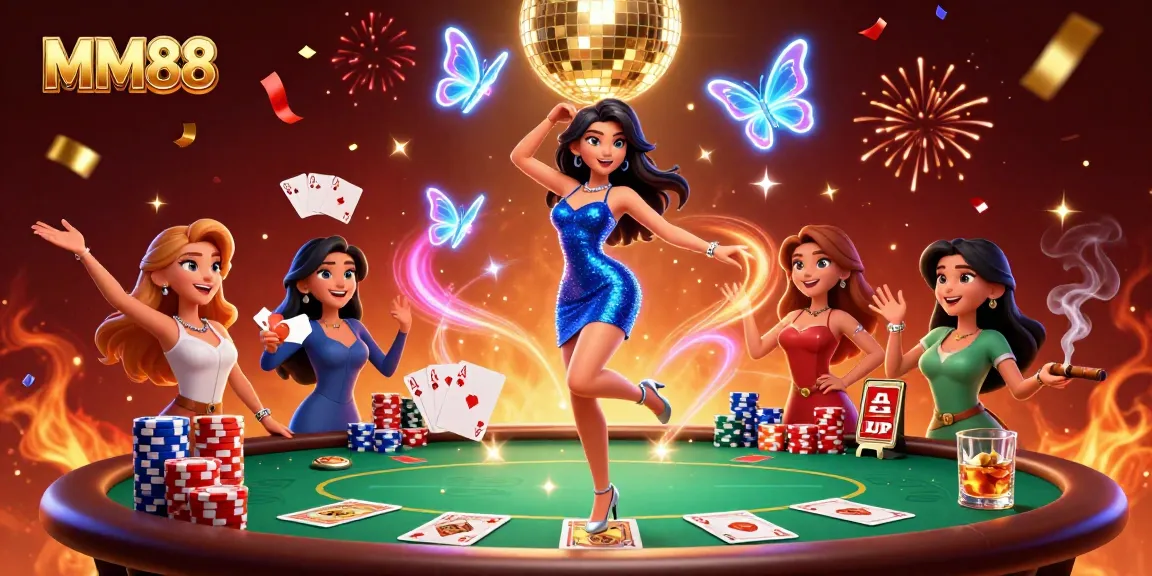 Experience excitement at MM88 with a dynamic casino scene featuring glamorous characters and vibrant gameplay elements.