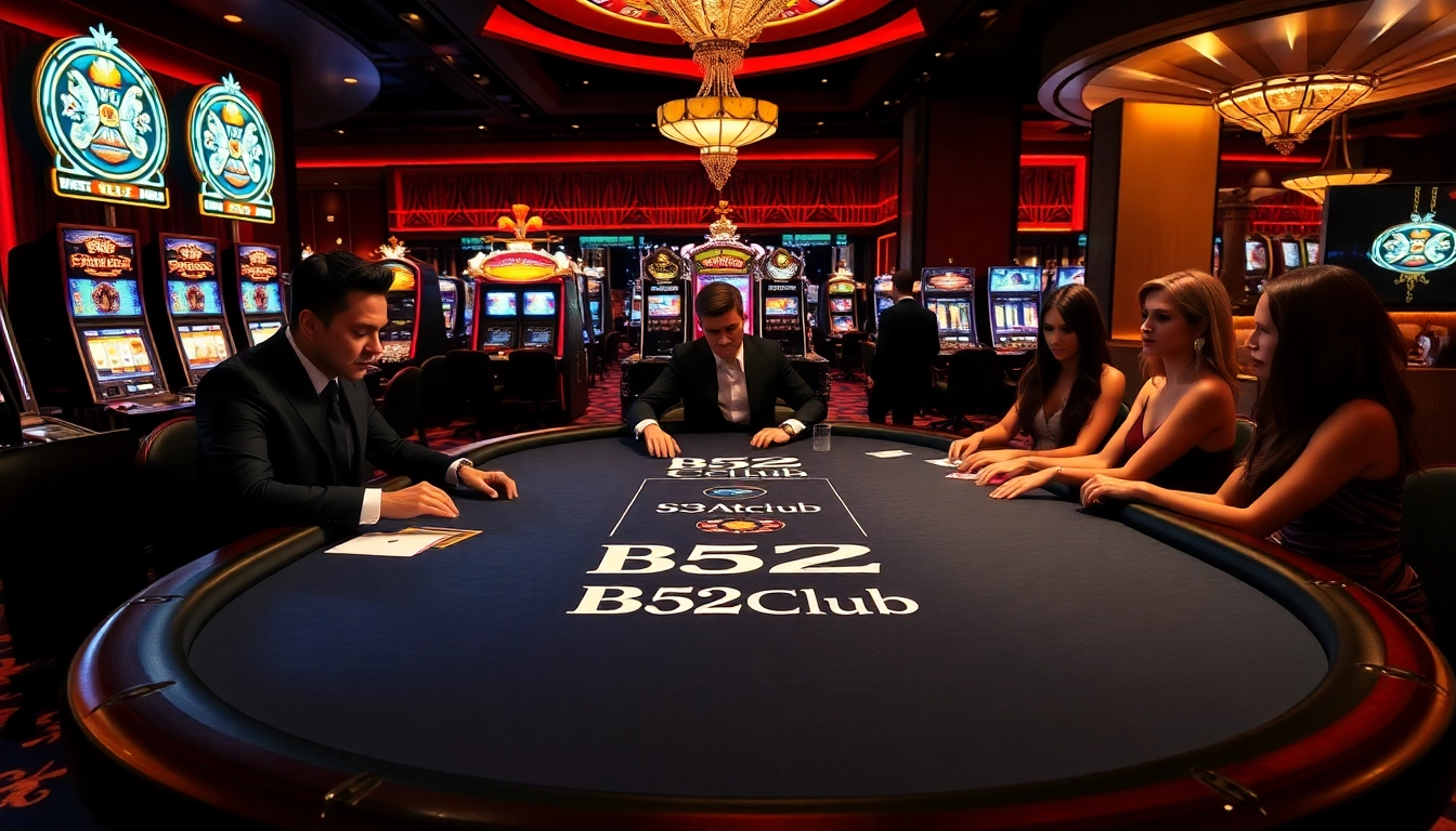 Players enjoying a thrilling game at the B52Club poker table in a vibrant casino setting.