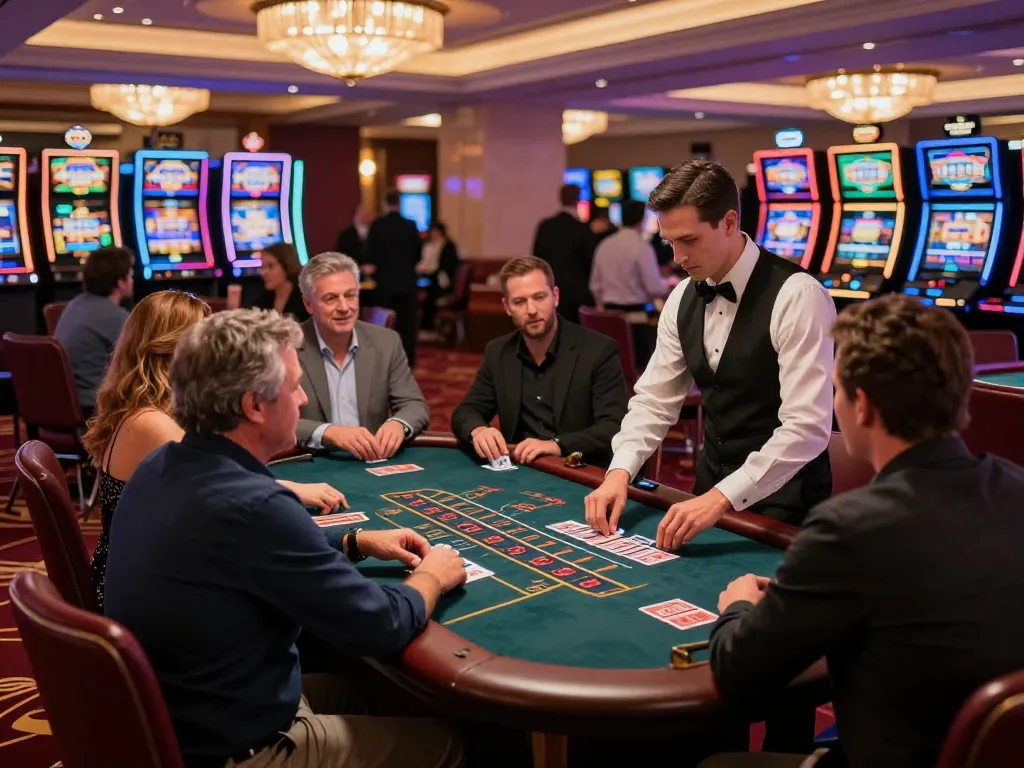 KO66 thrilling blackjack action with players engaged at an elegant casino table, dynamic gameplay atmosphere.