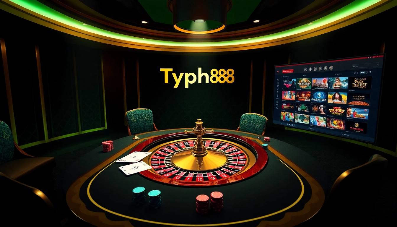Experience the thrill of casino gameplay at Typhu88 with cards, chips, and roulette wheel.