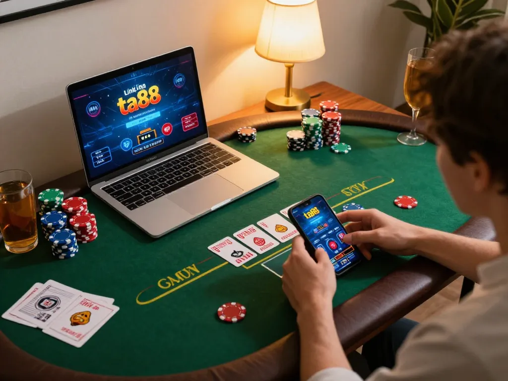 Engaging gameplay with Link vào ta88 on a laptop, showcasing a vibrant online poker scene at home