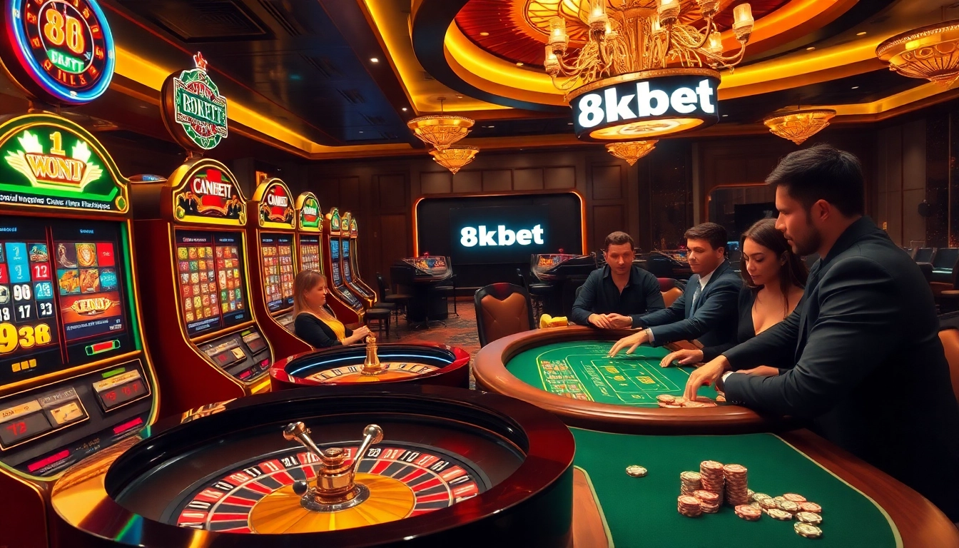 Experience the thrill of 8kbet online gaming with players at a luxurious casino table and vibrant slot machines.