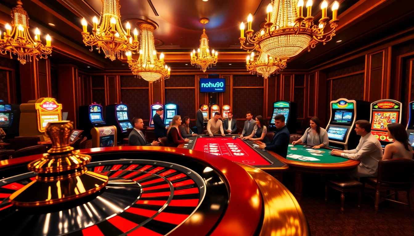 Exciting gambling action at nohu90 casino featuring a roulette wheel and poker table.