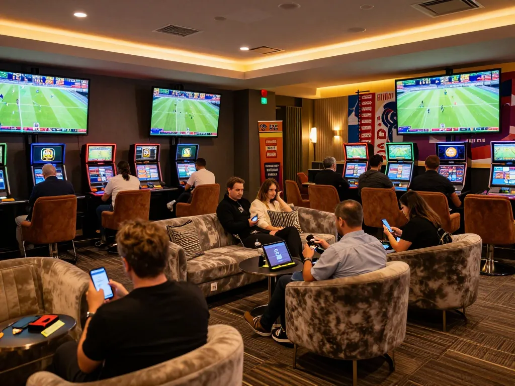 Exciting sports betting scene with keobongda app displayed on smartphone in a lively lounge