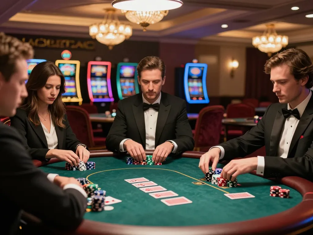 O8 poker players strategizing during a high-stakes game in a luxurious casino setting
