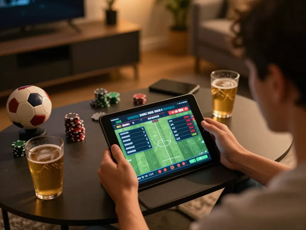Engaging in sports betting on 32win with live odds displayed on tablet in a warm home setting