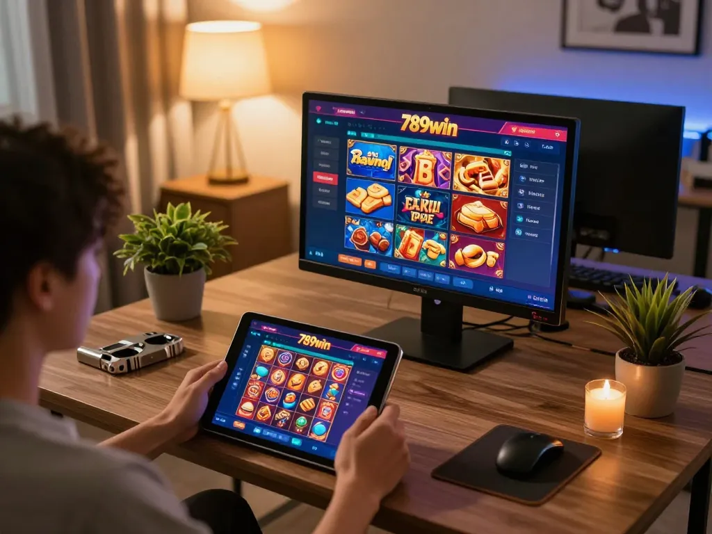 Playing on 789win online casino with vibrant game interface visible on tablet, cozy home atmosphere