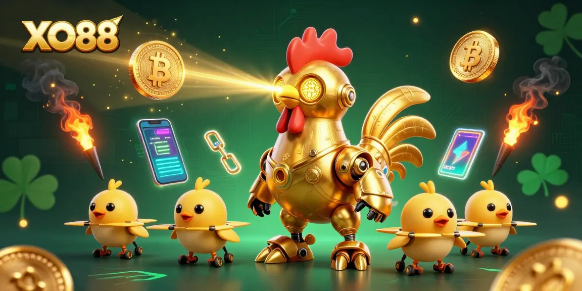 Engage with the vibrant XO88 gaming experience featuring an animated golden rooster robot and crypto elements.