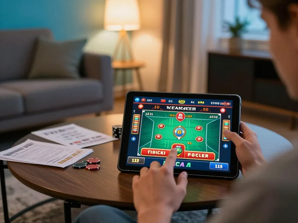 RR88 user engaged in online gaming with tablet displaying live dealer game in cozy home setting.