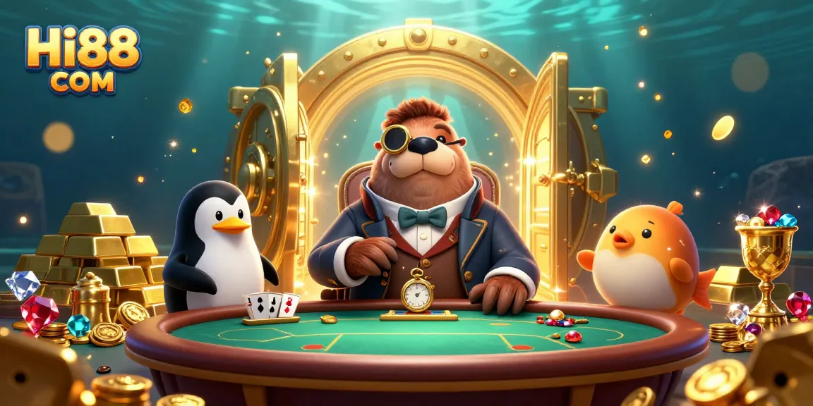 Experience thrilling action at Hi88 COM with a vibrant underwater casino scene featuring a walrus, penguin dealer, and bluffing pufferfish.