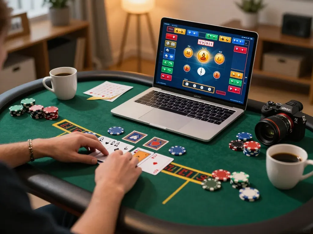 Players engaging in online blackjack at vin777, strategizing bets over a laptop in a cozy home setting.