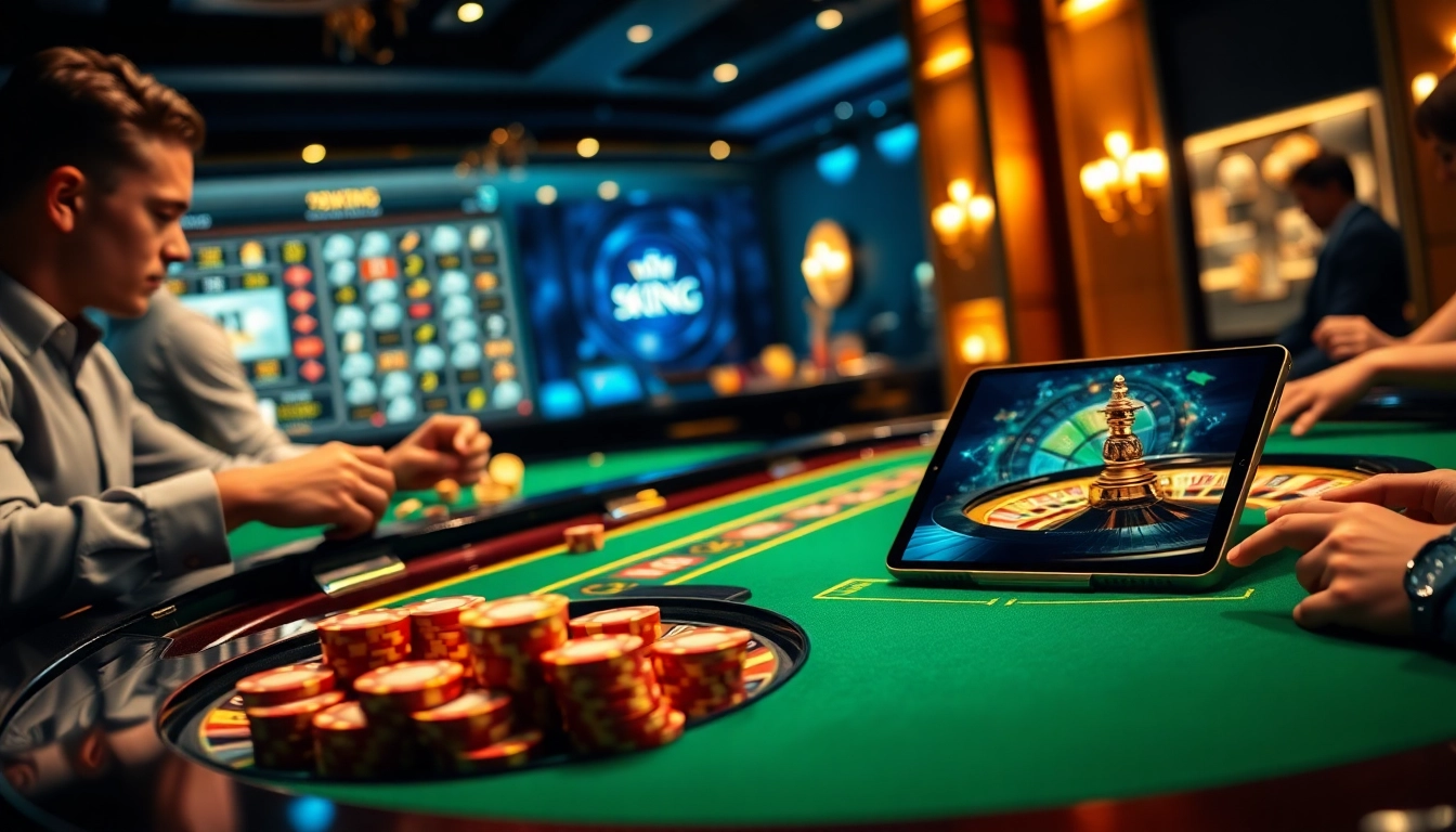 Experience intense gameplay at 79KING's luxurious gaming tables, featuring poker chips and a roulette wheel.