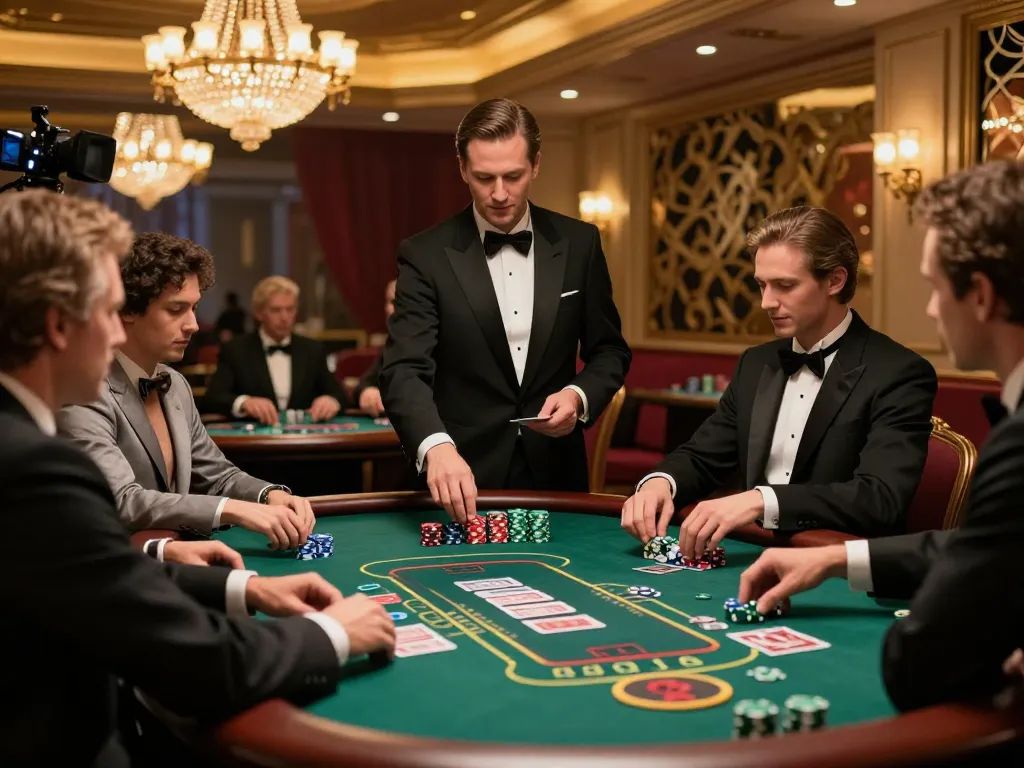 Win138 players strategizing at an upscale blackjack table in a luxurious casino.