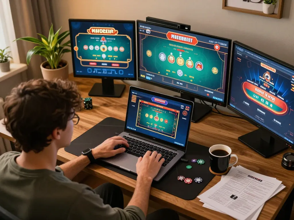 Player exploring vvvwin poker strategies on laptop at home, showcasing responsible online gaming.