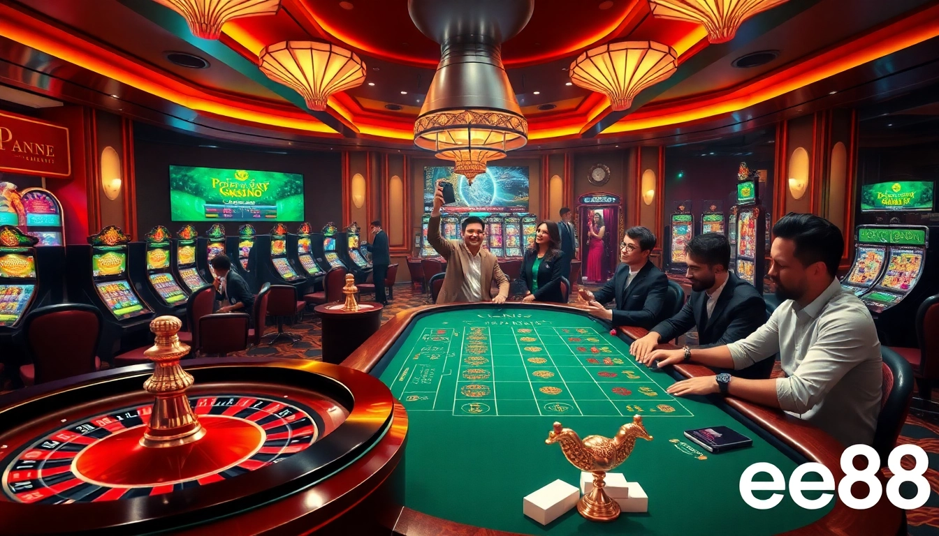 Experience the excitement of ee88 casino with players betting at a vibrant roulette table and online interfaces.