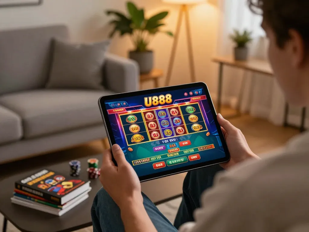 Enjoying live games on U888 with a tablet in a stylish home setting.