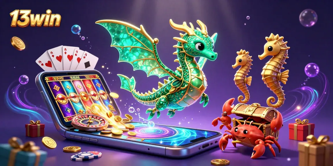 Engage with 13win's vibrant slot games featuring dynamic 3D characters amid treasure.