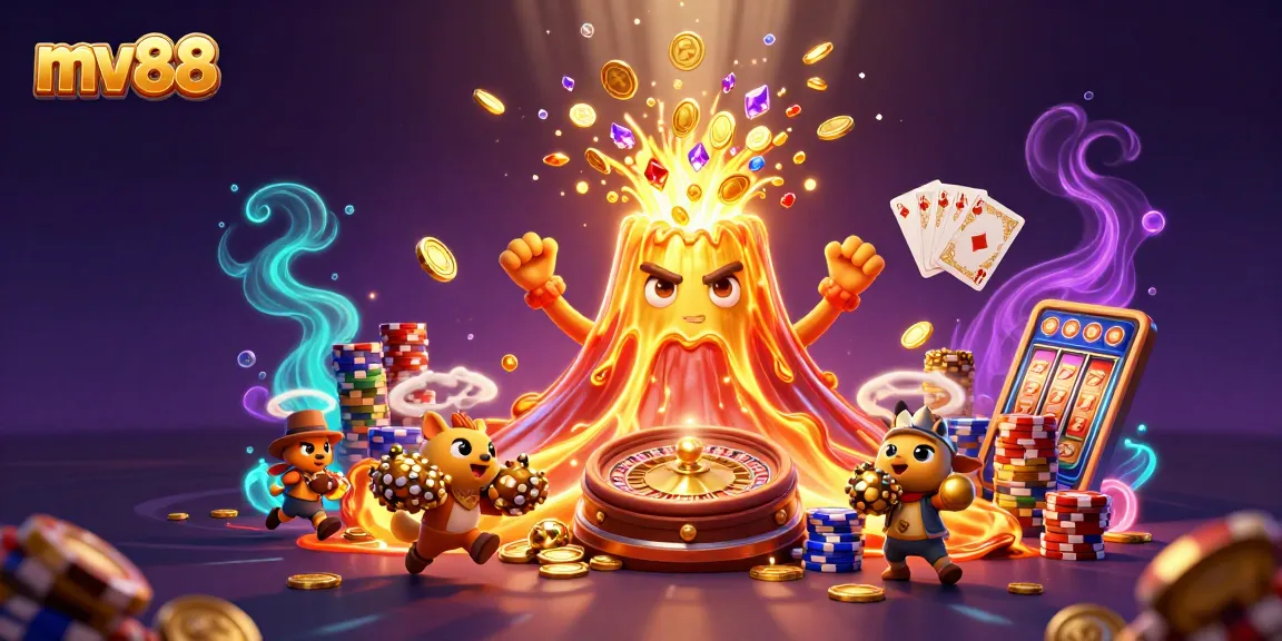 Engage with mv88's thrilling gaming experience featuring a golden volcano erupting treasures.