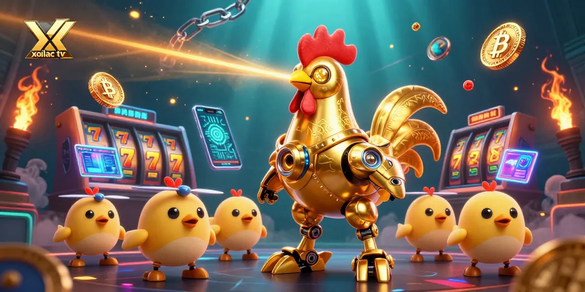 Engage with xoilac tv in a thrilling casino scene featuring golden robots and dynamic gambling visuals.