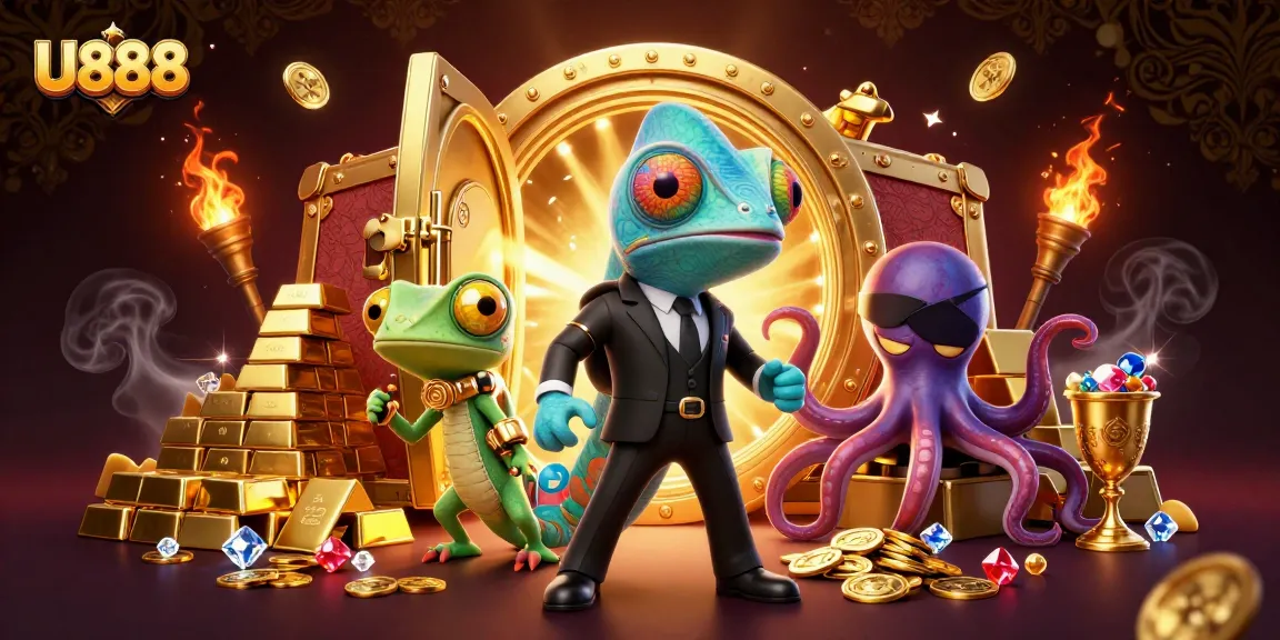 Experience thrilling wins at U888 with vibrant characters amid a treasure-filled casino scene.