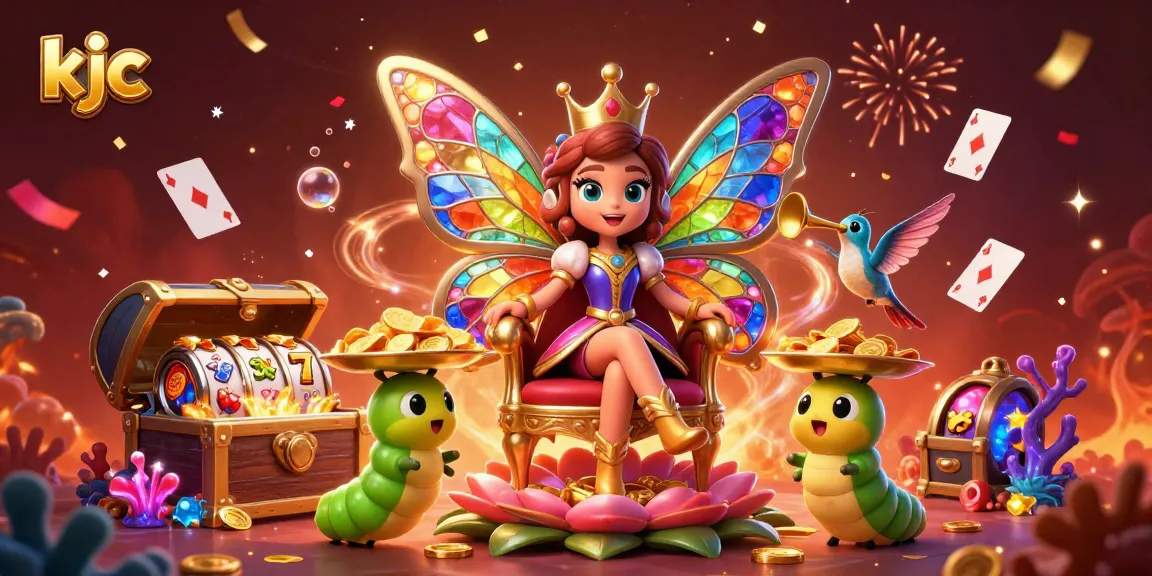KJC showcases a vibrant scene with a butterfly queen at a casino, celebrating wins amidst jackpot reels and vibrant decorations.