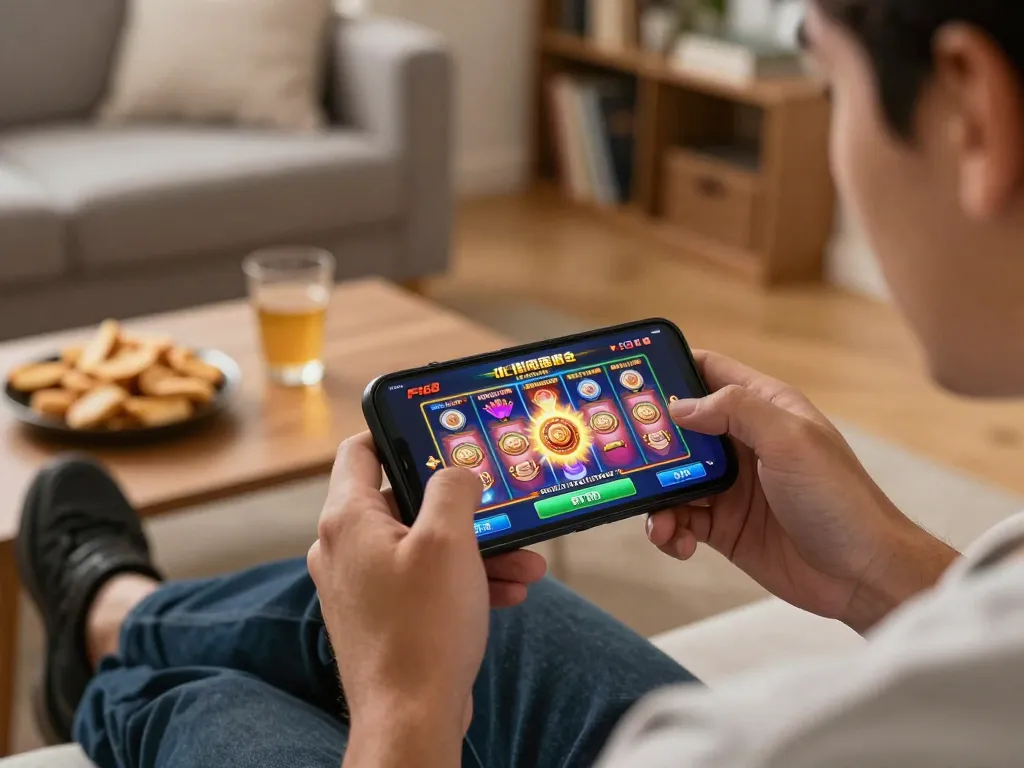 Player engaged with F168 mobile app, showcasing exciting online gambling in a cozy home setting.