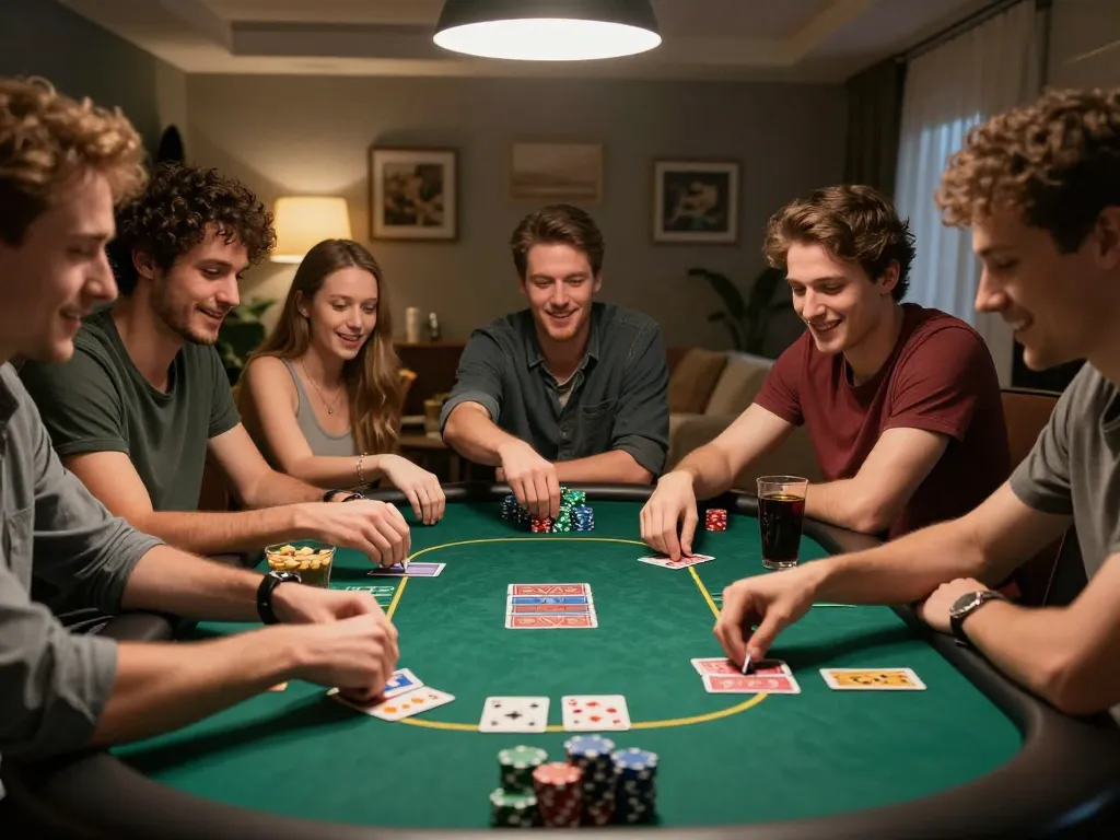 Engaging poker gameplay with friends at home, celebrating betting strategies with xi88 cards and chips