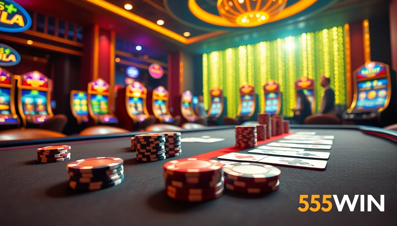 Experience thrilling gameplay at 555WIN with poker chips and vibrant cards on a stylish casino table.