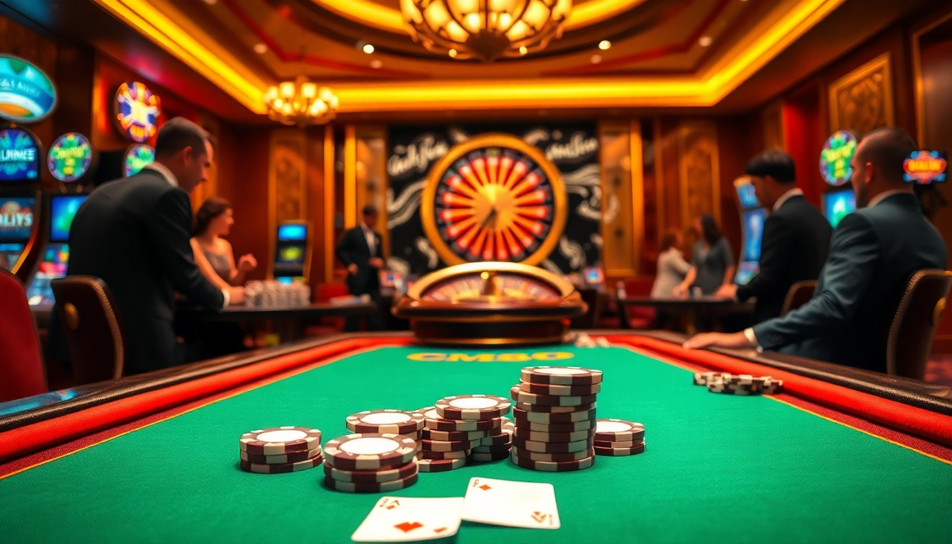Engaged gamblers play poker at a luxurious casino, highlighting https://cm888.mobi/ immersive experiences.