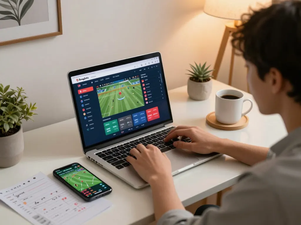 Bongdallu user engaging in online sports betting at home, showcasing a modern setup with betting interface.
