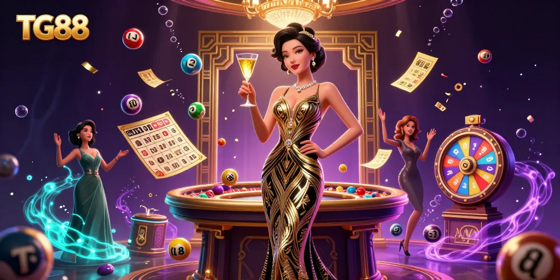Experience the excitement of TG88 with a glamorous casino scene featuring live gaming elements and dynamic prizes.