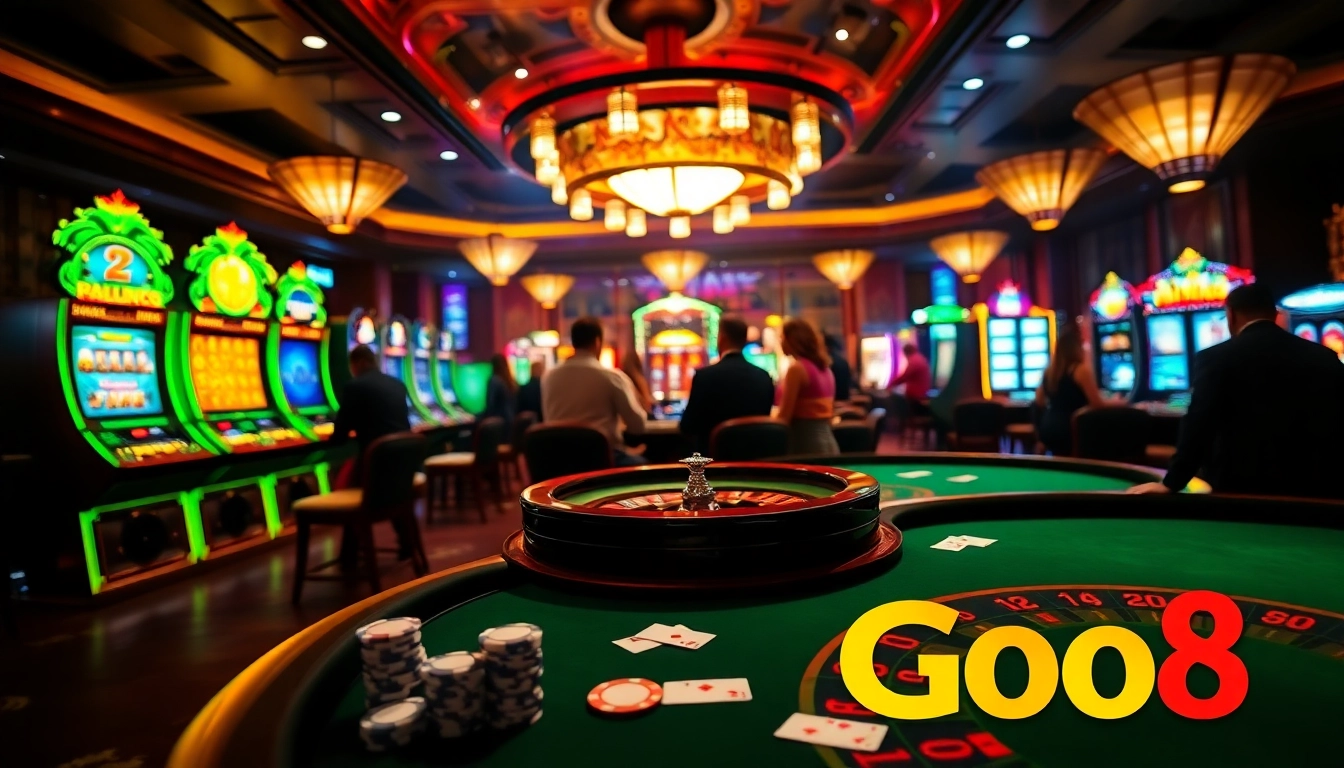 Engaged gamblers enjoying games at Go8's luxurious casino scene with vibrant slot machines.
