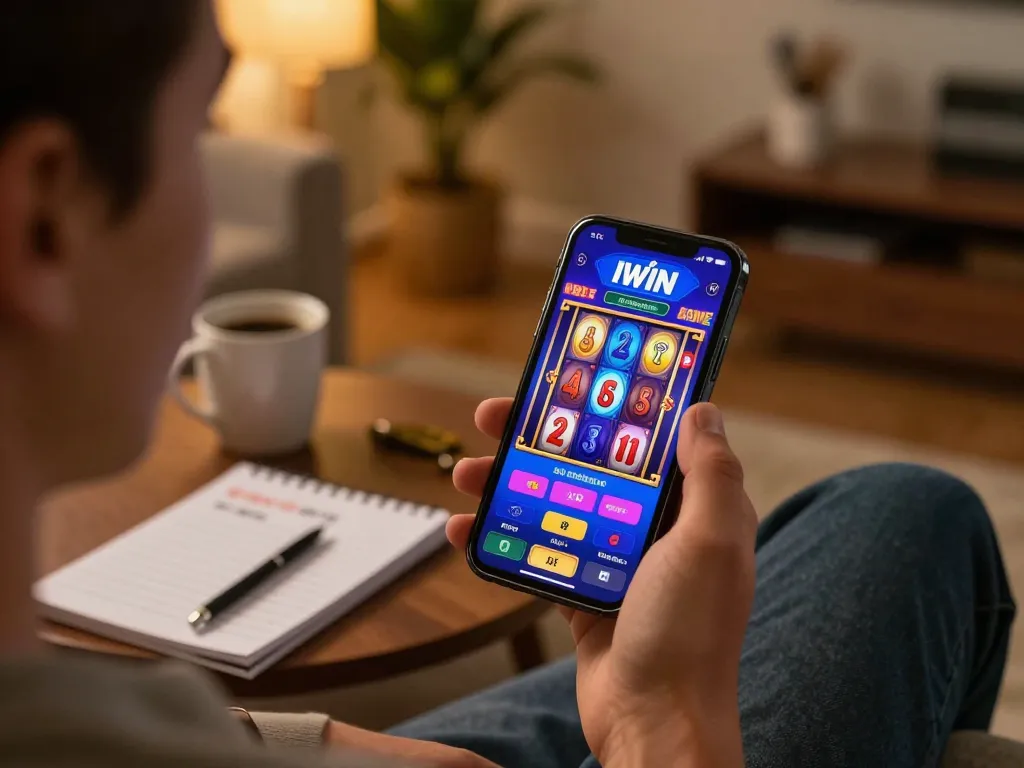 Playing IWIN mobile casino app with colorful slot game interface in a cozy home setting